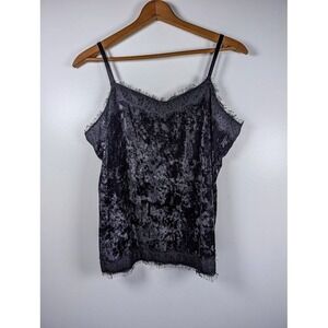 Y2K Whimsigoth Black Velvet Lace Trim Cami Top Size XL Dainty Festival Goth Edgy